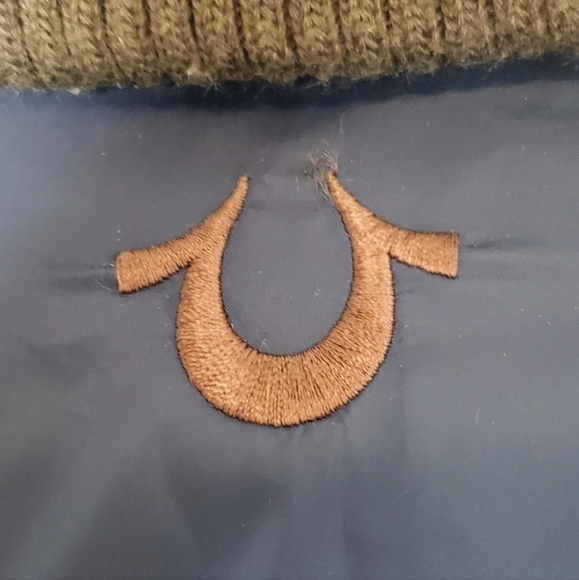 True Religion Navy & Brown Sz Large Cropped Puffer Jacket Coat - Picture 7 of 8